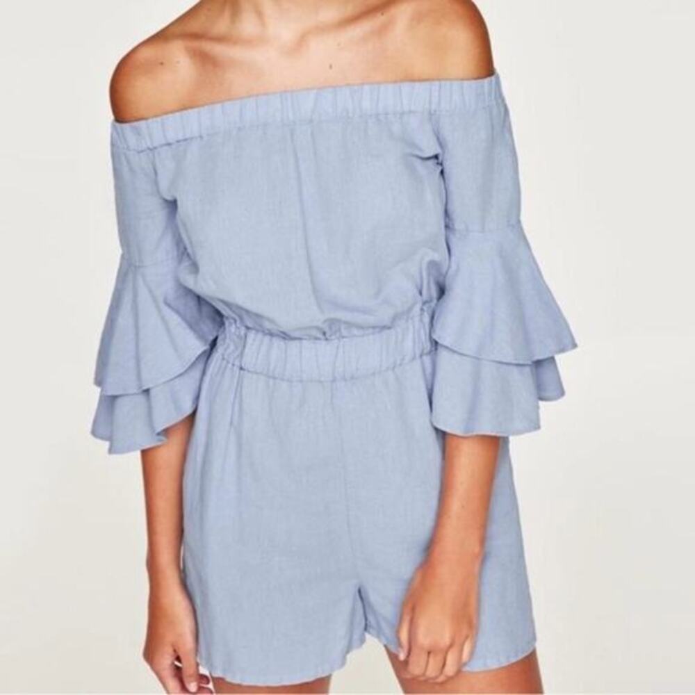 Zara off the shoulder romper jumpsuit baby blue small - Picture 1 of 7